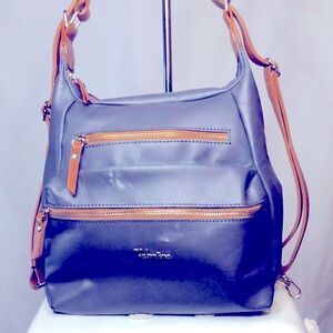 VALENTINA dark gray &  brown leather convertible hobo shoulder back pack.